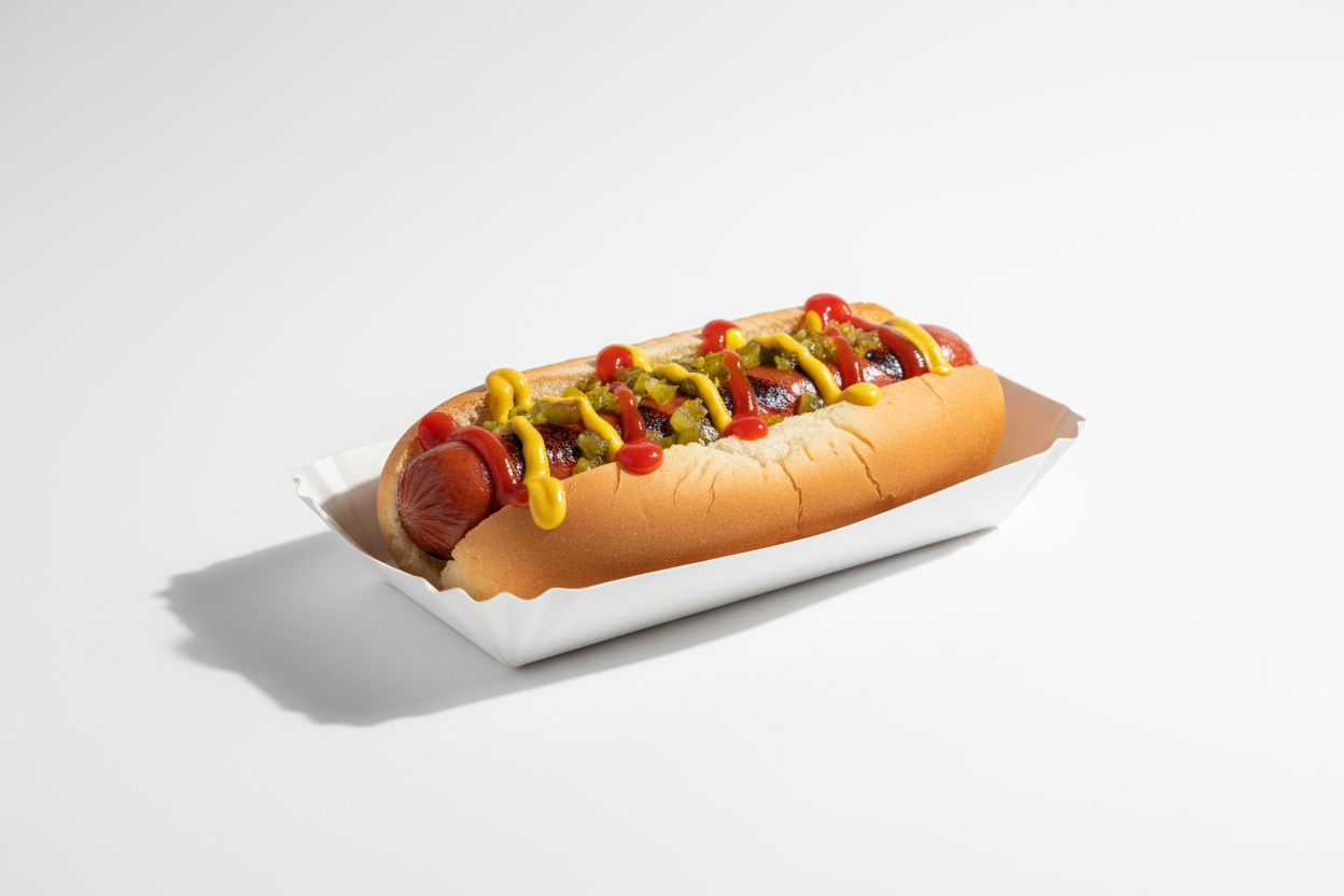 concession stand hot dog in white tray with white background shadow